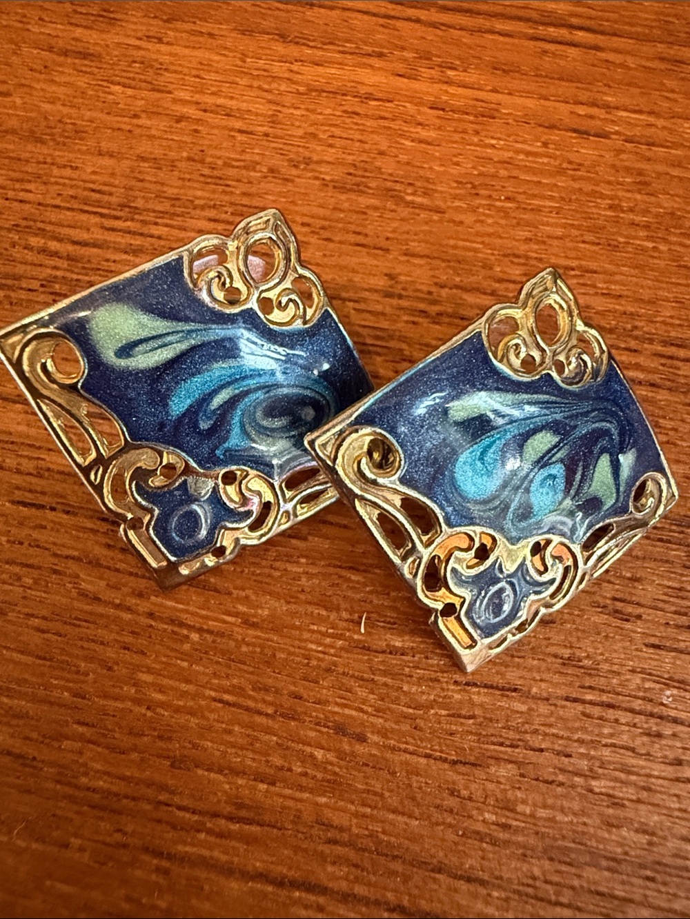 Vintage Made In USA 80's Gold Tone & Multi Colored Enamel Swirl Pierced Earrings